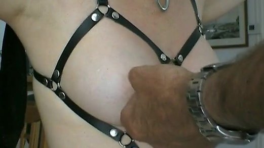 slave is punished with safety pins in tits
