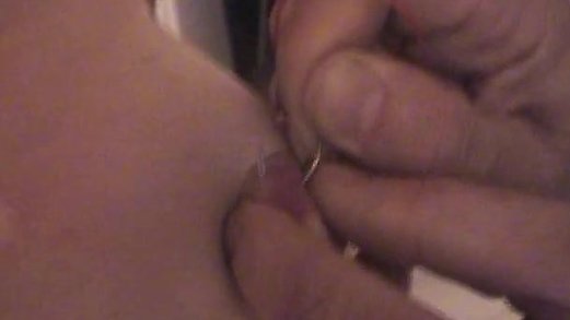 Slave punished: safety pin and fish hook in tits
