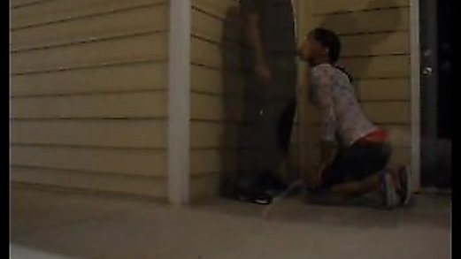 Tranny gets fucked outside neighbors apt door