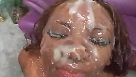 Black girl gets cummed on by 8 guys and white girl licks it all off