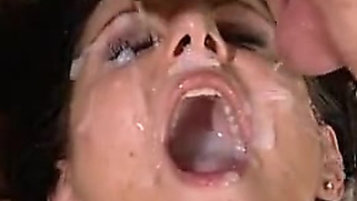 Bukkake slut love cum on face and swallowing