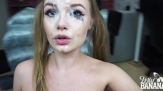 Cumshot compilation on the face of a young girl who is known as Miss Banana